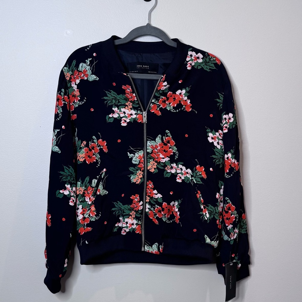 Zara Black and Red Bomber Jacket with Floral Design